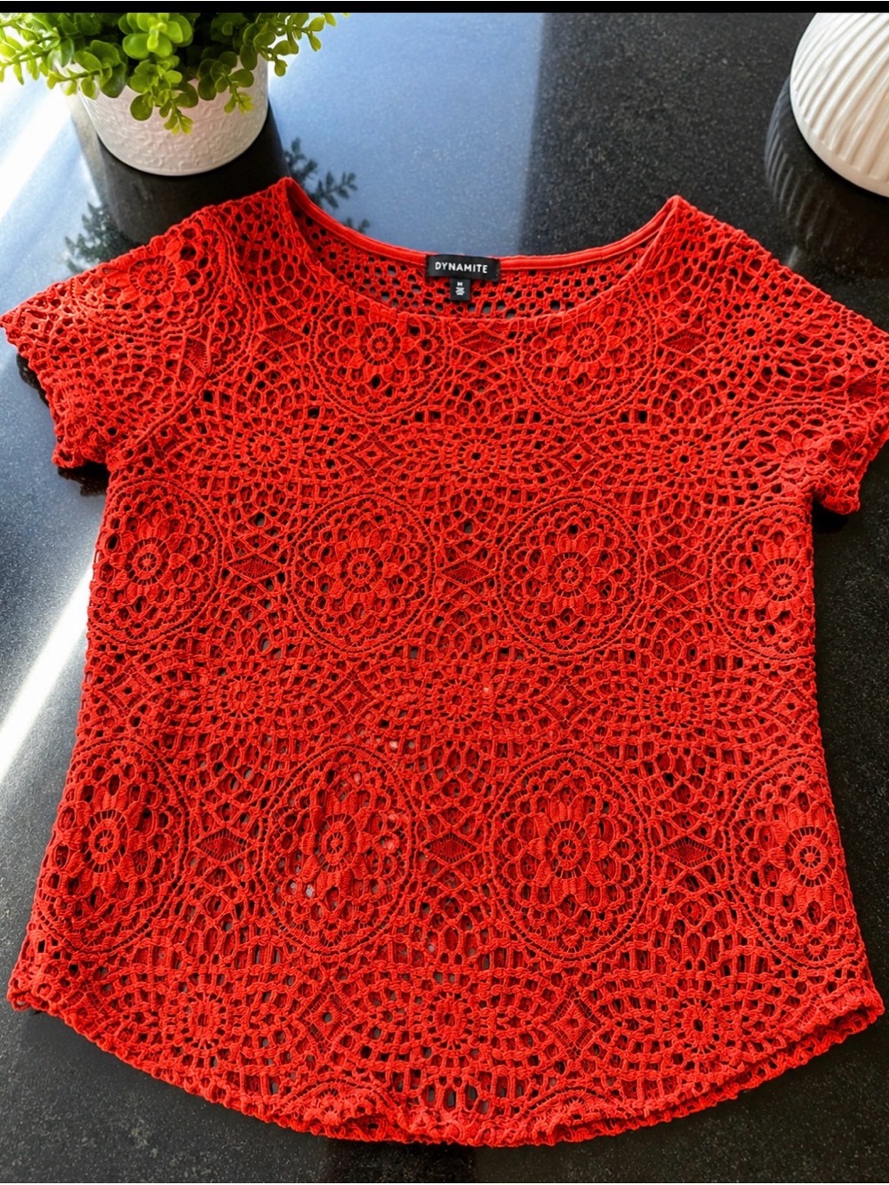 Coral-Red Crochet Floral Short Sleeve Top Dynamite